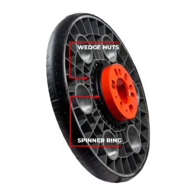 A detailed, close-up view of the back of the EZ Roller-Spinner, showing the spinner ring and the wedge nuts. EZ Wedge Nuts are designed for easy bolt removal and reinstallation, while EZ Spinner Rings secure the spinner wheel on the vehicle hub.