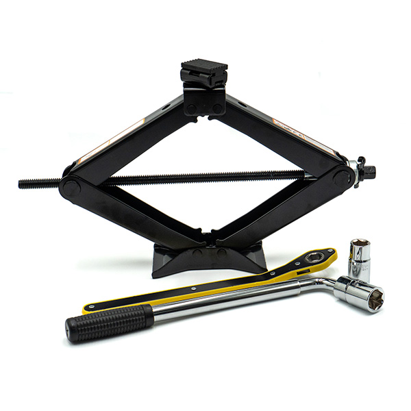 EZ Spare 2.5 Ton Scissor Jack Kit – Raised position with telescoping lug wrench and four-size hex socket. Lifts up to 5,000 lbs with 4.5 to 17 inch range.